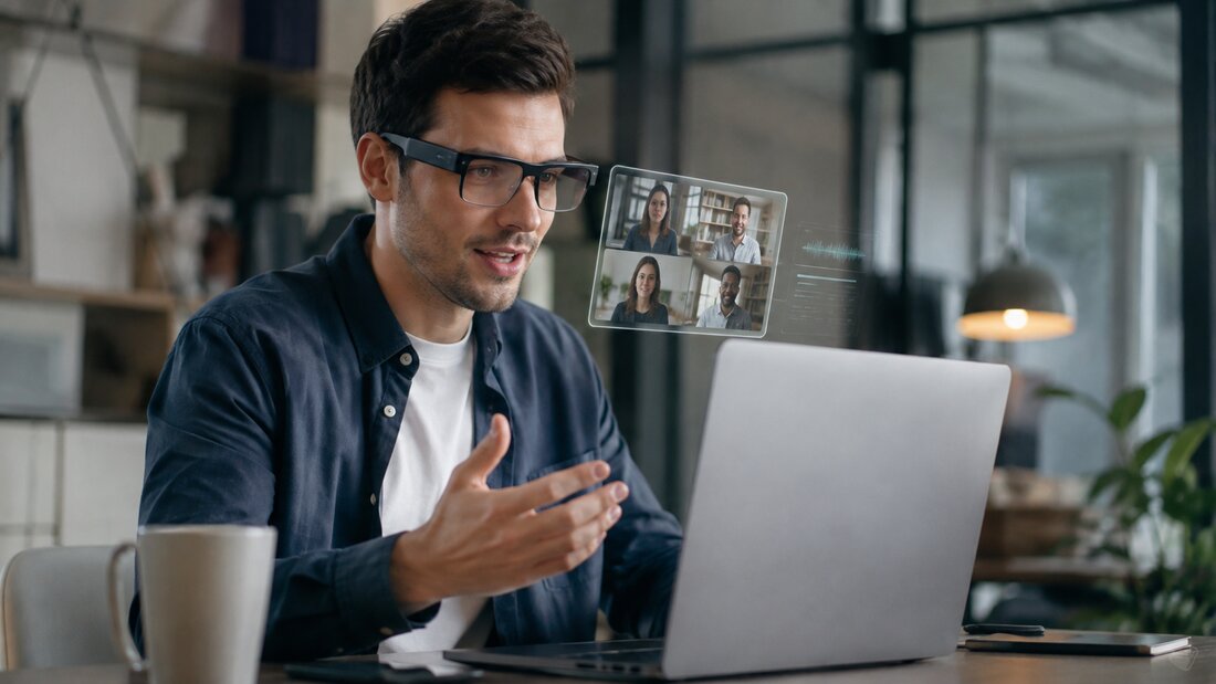 sustainable ai glasses - Professional using AI glasses for remote video collaboration