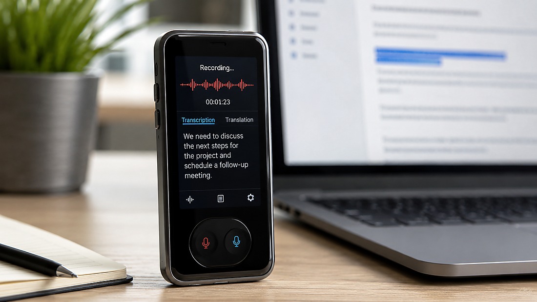 ai translator factory audit - AI translator recording and transcribing speech beside a laptop