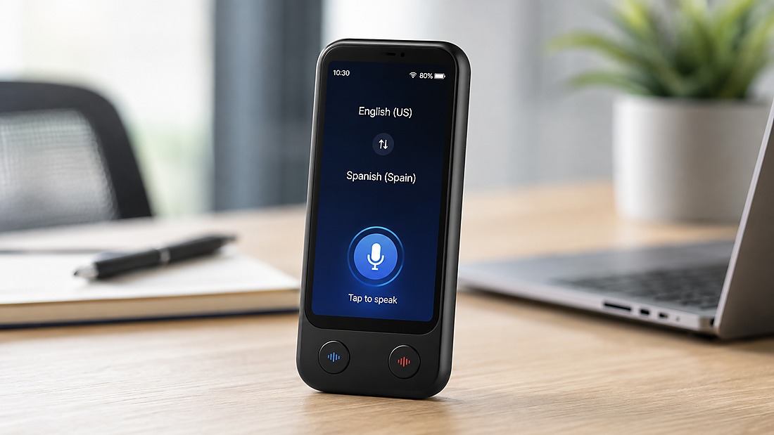 ai translator factory audit - AI translator device for smart voice translation on office desk
