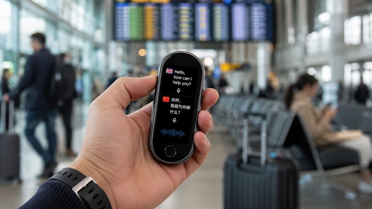 AI translator used for travel conversation at an airport terminal
