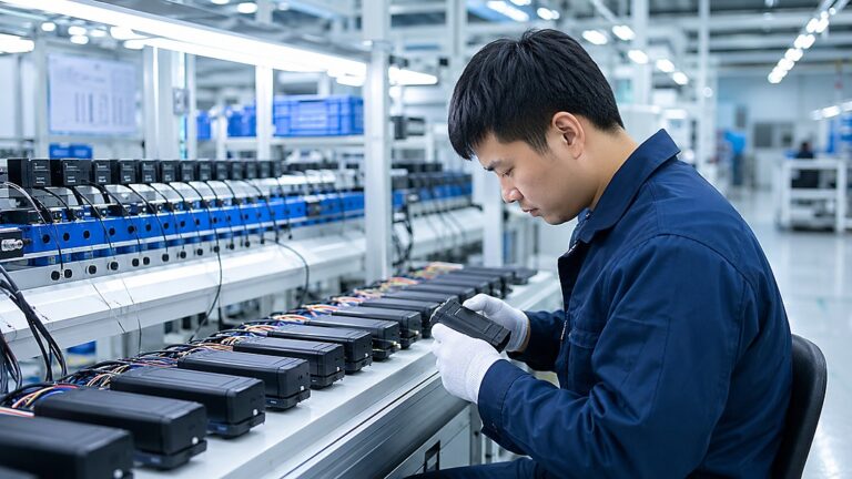 Technician inspecting GPS tracker devices during OEM quality control
