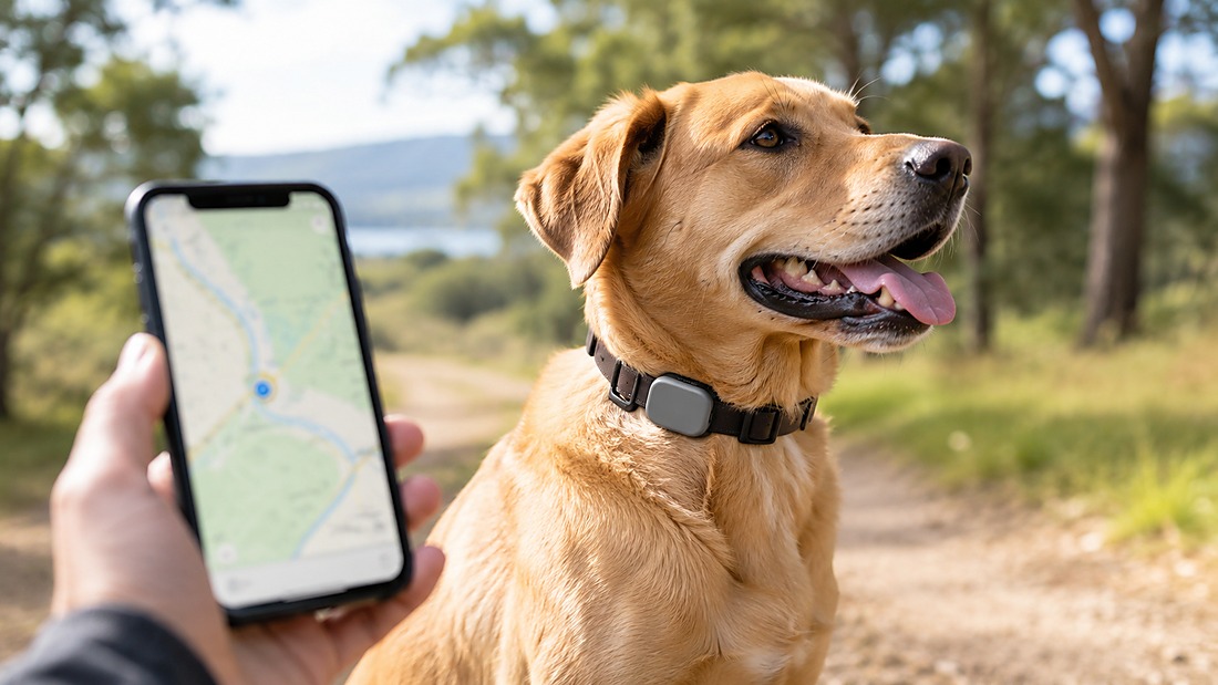 GPS tracker supplier scorecard - Dog wearing GPS tracker collar with smartphone location map