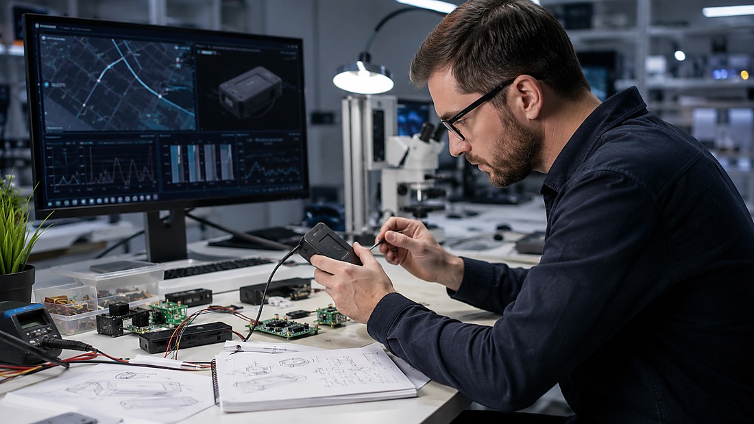 GPS tracker supplier scorecard - Engineer testing GPS tracker prototype during R&D product development