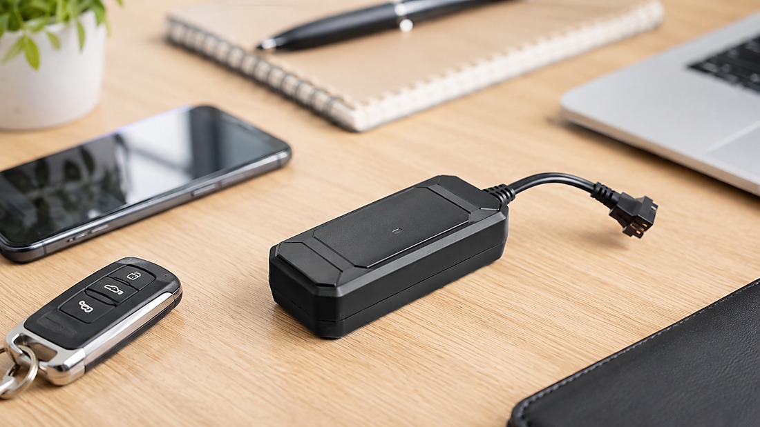 GPS tracker supplier scorecard - Compact GPS tracker device with vehicle key and smartphone on office desk