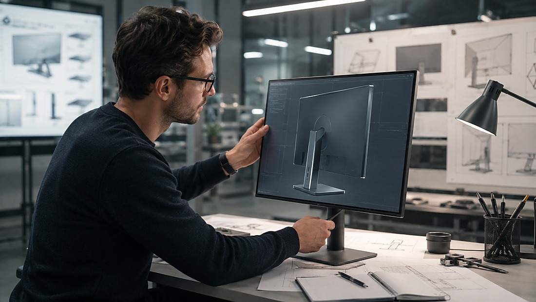 pc monitor factory - Engineer reviewing PC monitor prototype during R&D product development