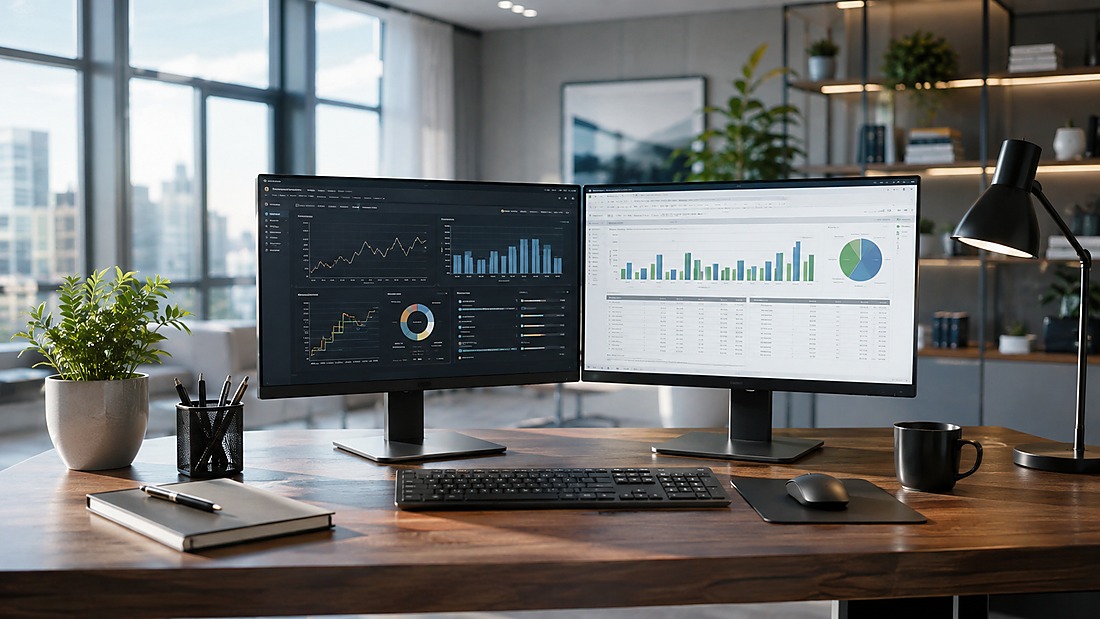 pc monitor factory - Dual PC monitors displaying business analytics in a modern office