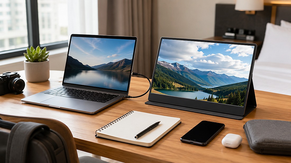 pc monitor factory - Portable PC monitor connected to laptop for dual-screen mobile work