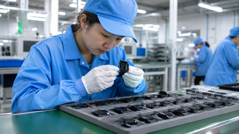 Technician inspecting smart watches during OEM manufacturing