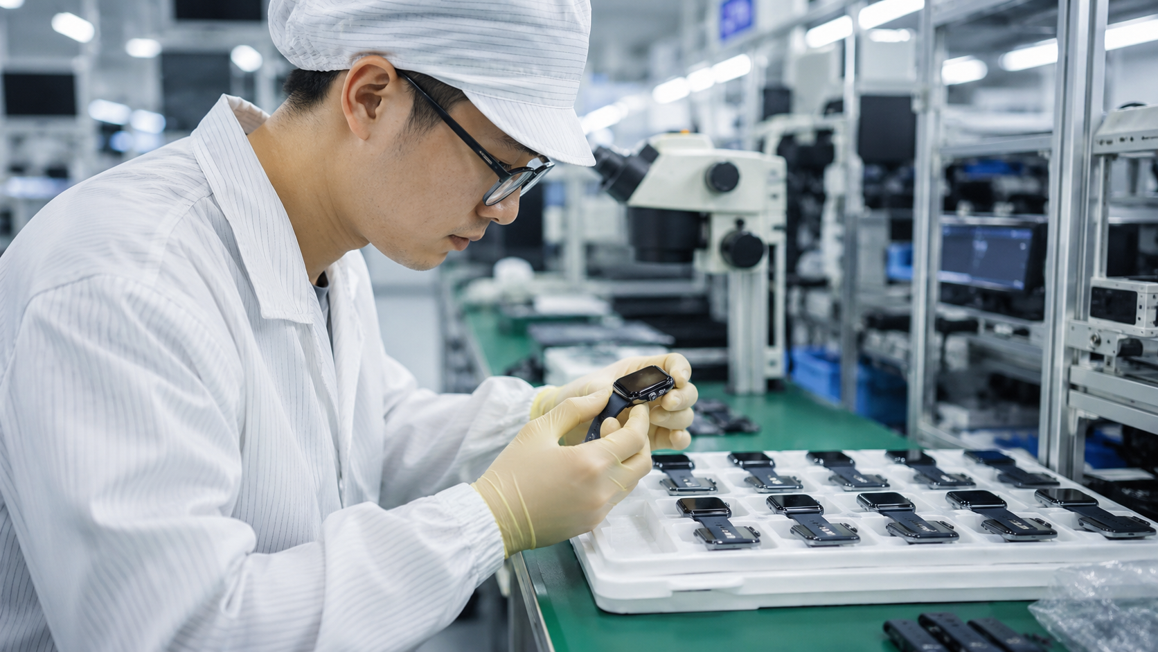 smart watch factory audit - Technician inspecting smart watches during OEM quality control