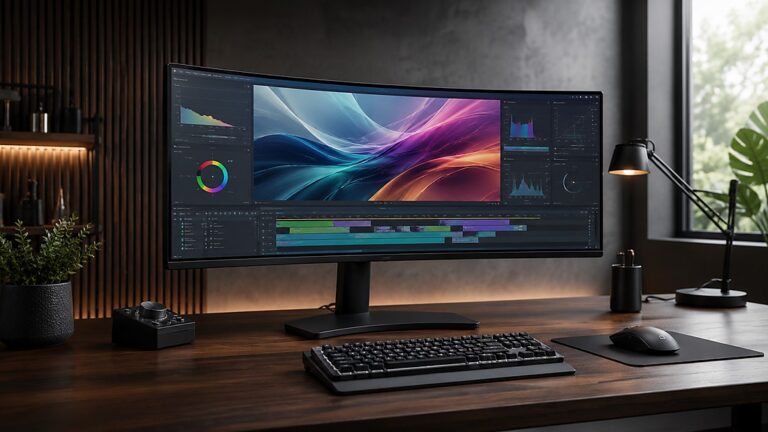 Ultrawide curved PC monitor in a creative editing workstation